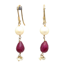 Dangle Drop Earrings Real 14K (585) Yellow Gold Natural Ruby Briolette & Freshwater Pearl Gem Stone Handmade Gift Women E328